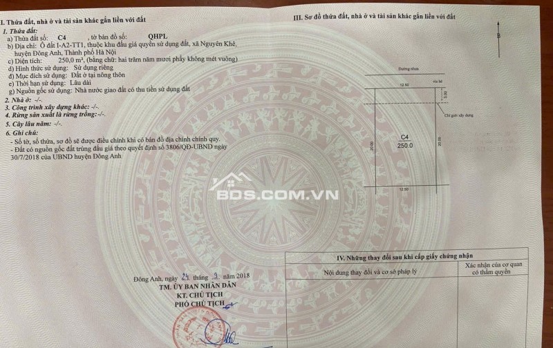 Bán 250m đất Biệt thự - Khu đô thị Nguyên Khê - Trung tâm xã Phúc Thịnh